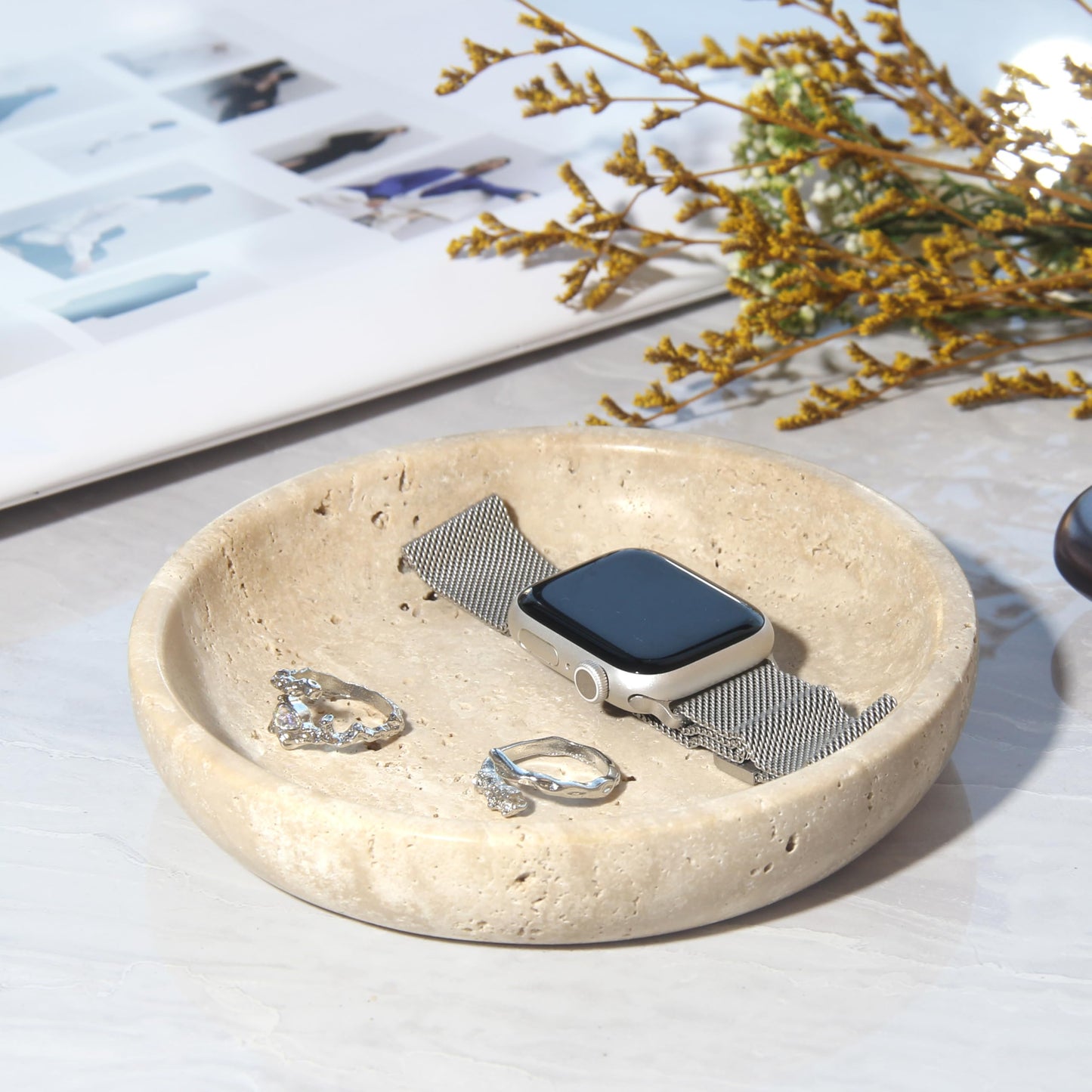 Small Natural Marble Jewelry Tray Key Plate Holder Dish Trinket Decor Catch All Bowl for Ring Earring Stone Gift for Women Daugther,Beige Travertine，5.5"