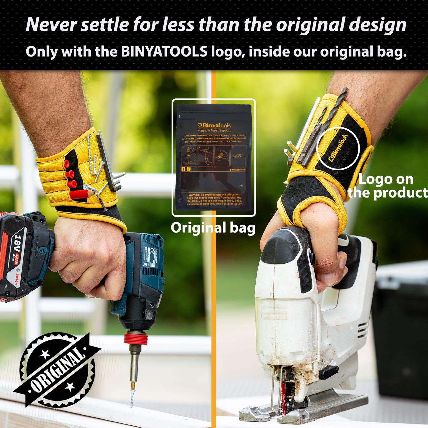 BINYATOOLS Magnetic Wristband with Super Strong Magnets Holds Screws, Nails, Drill Bit. Unique Wrist Support Design Cool Handy Gadget Gift for Fathers, Boyfriends, Handyman, Electrician, Contractor