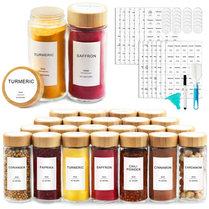 AISIPRIN Glass Spice Jars with 398 Labels, 24 pcs 4oz Spice Containers with Bamboo Lids, Square Spice Bottles With Shaker Lids,Spice Organization for Cabinet,Drawer,Rack,Seasoning Organizer