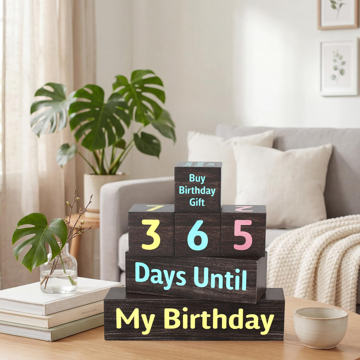 7 Pcs 365 Days Countdown Birthday Wooden Table Decor, Birthday Activities Decision Dice Rustic Table Centerpiece Decorations for Home Office