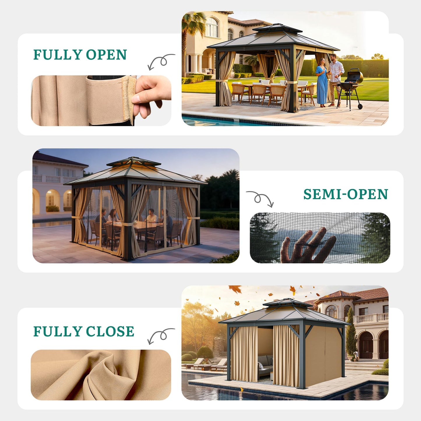 YITAHOME 10X12FT Polycarbonate Gazebo Outdoor Patio Double Top Canopy Galvanized Iron Aluminum Column Garden Tent Curtains Netting for Backyards Decks Lawns,Brown