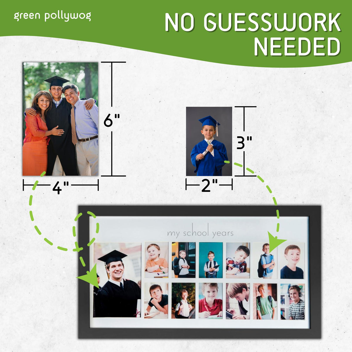 Green Pollywog School Years Picture Day Collage | Black Natural Wood Photo Display | K-12 Graduation Keepsake | School Photo Picture Display