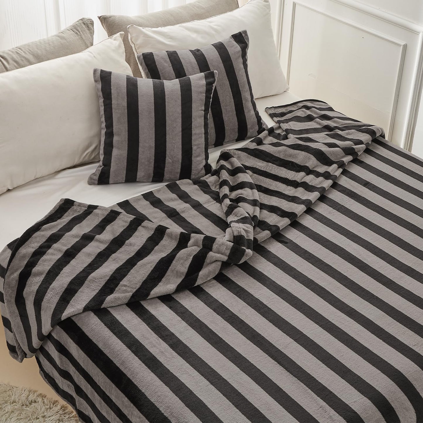 FY FIBER HOUSE Striped Flannel Throw Blanket - Soft Cozy Striped Blanket for Couch, Sofa, or Bed - 50"x60", Black Grey, All Season Use