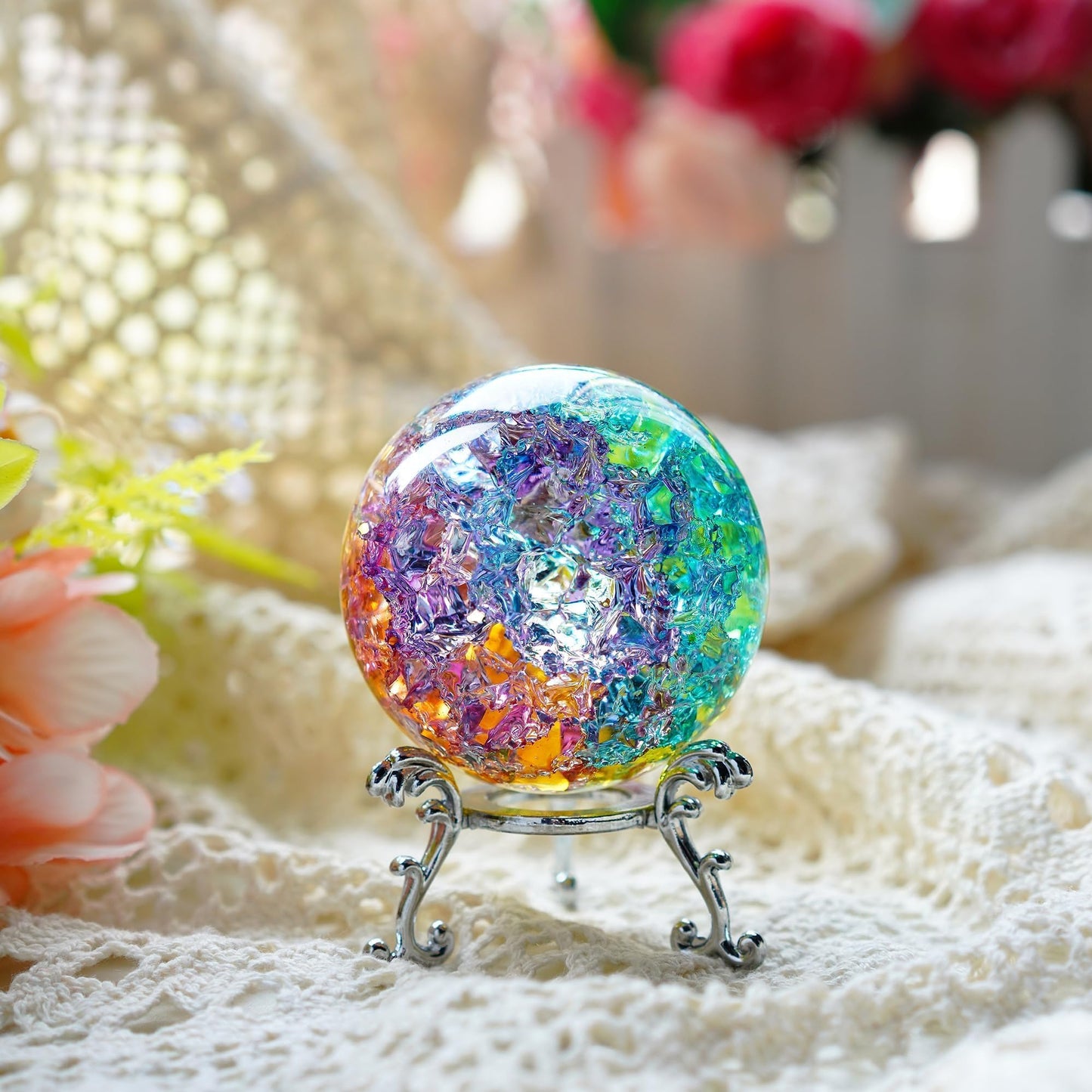 ZEERSHEE Colorful Ice Cracked Crystal Ball with Stand, 2.3" Glass Decor
