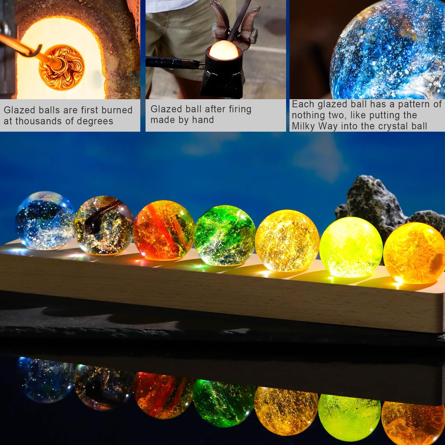 Ornalrist 7 Chakra Natural Healing Spheres with Wooden LED Light Base Crystal Quartz Ball for Meditation Positive Energy Night Light Home Decor