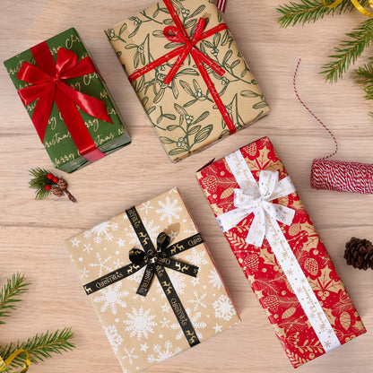 YANGTE Vintage Recyclable Christmas Wrapping Paper Rolls, Brown Kraft Wrapping Paper with Red and Green Pattern, Holiday Gift Wrapping Paper Christmas Rolls, 17x120 inch, 4 Rolls