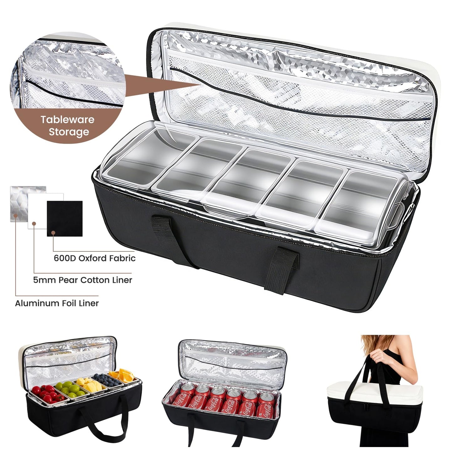 Mavolico Chilled Condiment Caddy with 5 Removable Stainless Steel Compartments, Includes Portable Insulated Tote Bag and 2 Ice Packs, Serving Tray for Picnic, Outdoor, Party and Travel