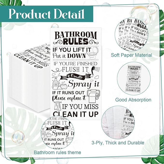 100 Pcs Bathroom Rules Paper Napkins Disposable Hand Towels