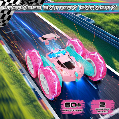 cosone Pink Remote Control Car for Girls, RC Stunt Car Double Sided 360°Flip with Headlights, All Terrain Tires, Rechargeable Batteries Toy Car for 6 7 8 9 10 11 12 Girls Birthday