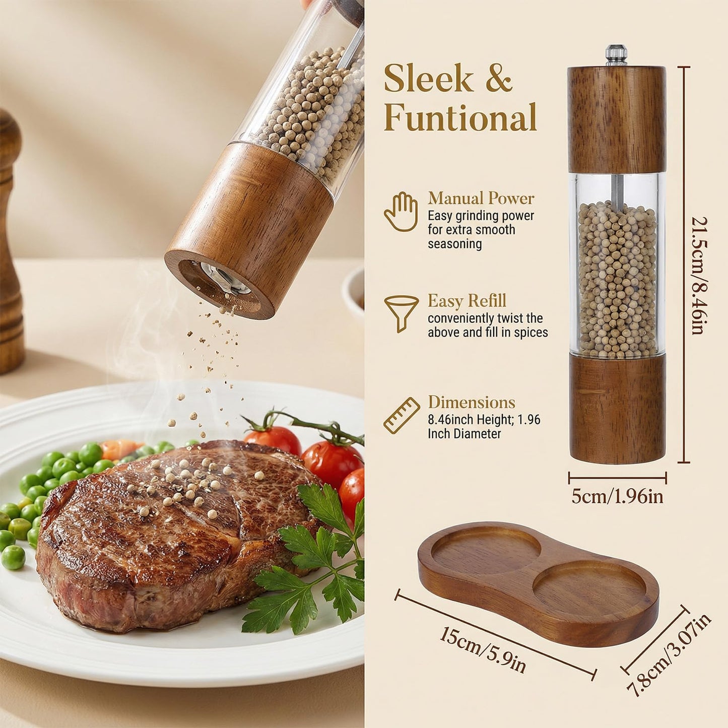 Wooden Salt and Pepper Grinder Set, 8 inch Manual Refillable Wooden Salt and Pepper Shakers Mill with Tray, Adjustable Coarseness, Solid Wood with Ceramic Stainless Steel Core, Transparent - 2 Packs
