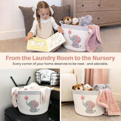 Elephant Storage Basket for Nursery – Large 15”x11” Cotton Rope Bin with Soft Felt Elephant Patch – Toy Organizer, Baby Laundry Hamper, Diaper & Towel Holder – Foldable, Washable & Baby-Safe