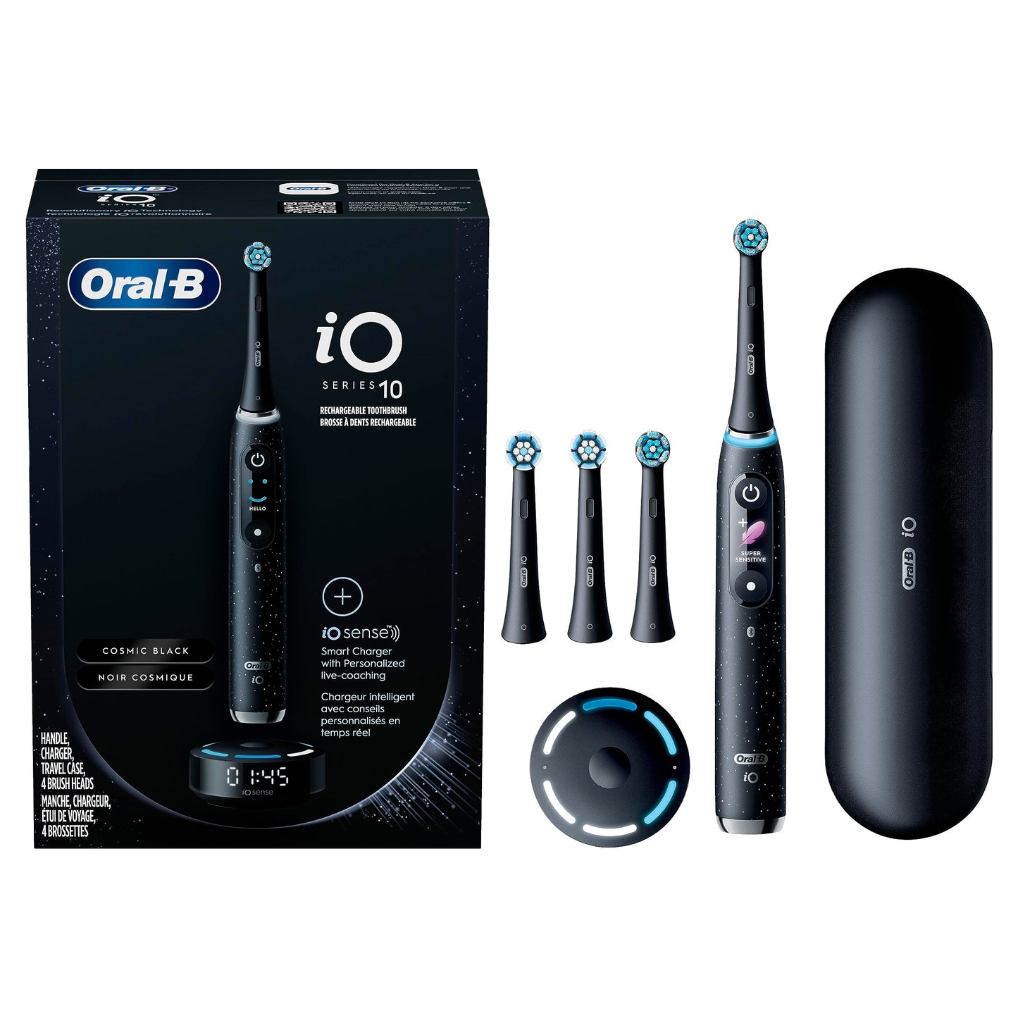 Oral-B iO Series 10 Rechargeable Electric Toothbrush with Visible Pressure Sensor to Protect Gums, 2 Min Timer, 7 Cleaning Settings, 4 Replacement Toothbrush Heads, and Charging Travel Case, Black