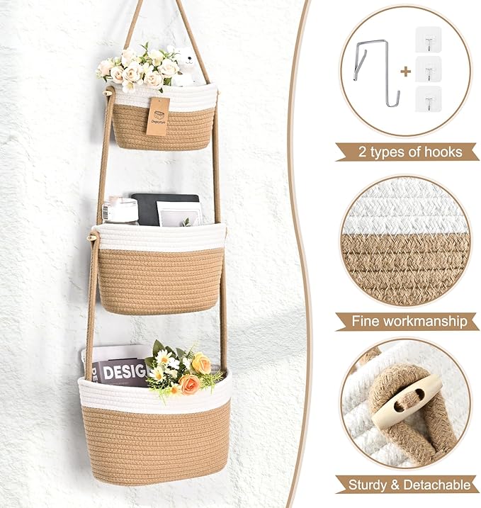 Hanging Storage Baskets, Over the Door Basket, Cotton Wall Baskets Storage