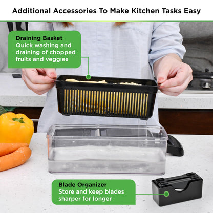 PrepNaturals Vegetable Chopper with Container, Veggie Chopper, Food Chopper & Onion Chopper - Mandoline Slicer for Kitchen (8 in 1, Black)