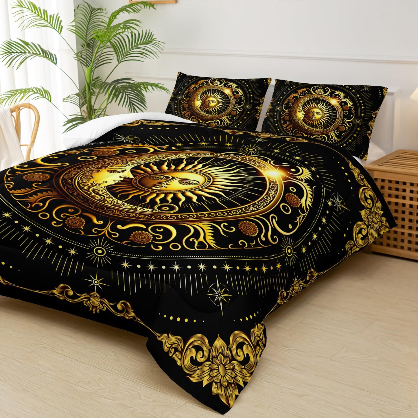 lneffble Black and Gold Twin Size Sun and Moon Comforter Set，Quilts Twin Size Bedding Sets Sun Moon，with 1 Comforter with 2 Pillow Case