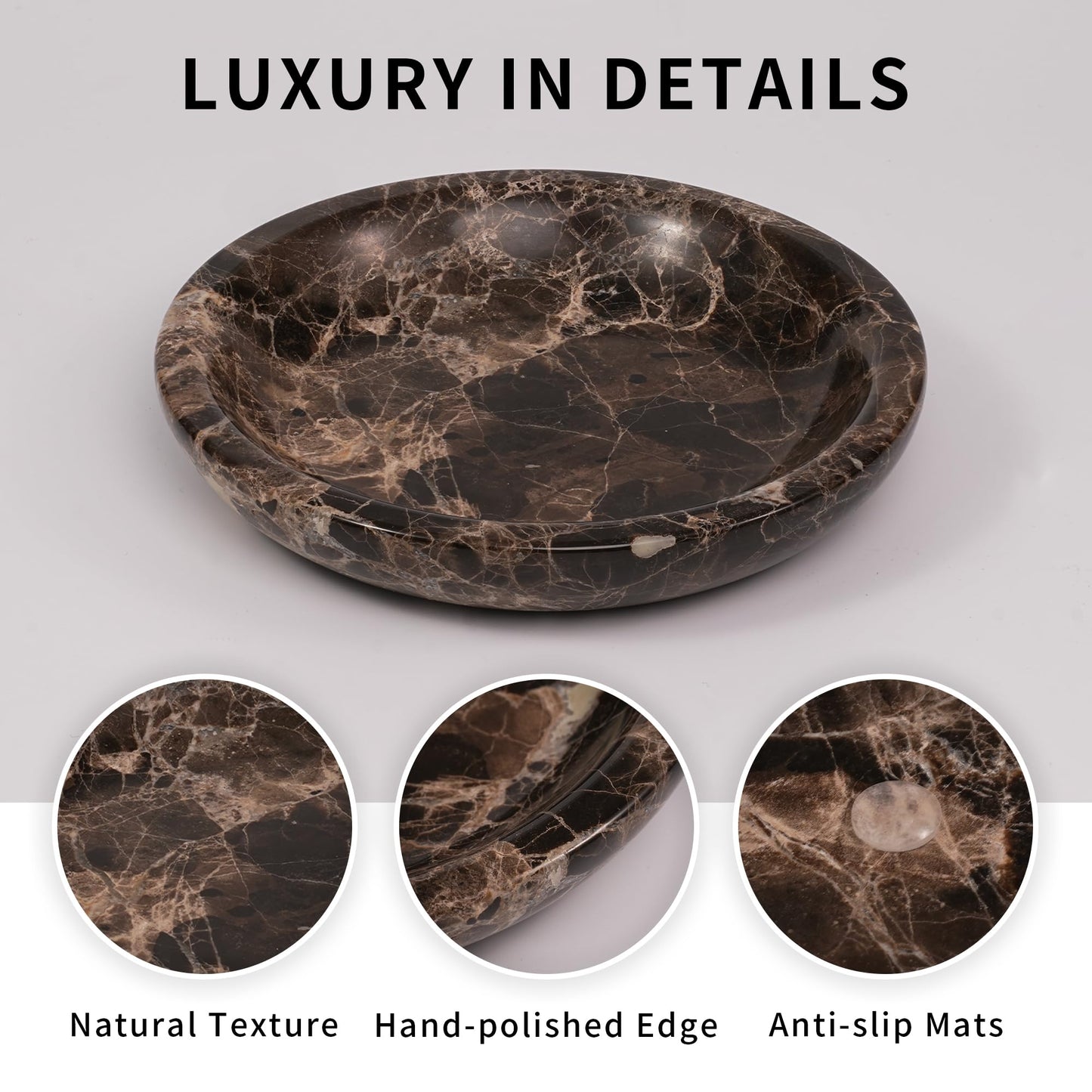 LWALMS Brown Marble Jewelry Tray - Stone Trinket Ring Key Purse Holder Dish, Small Cute Round Plate Decorative Bowl for Nightstand Entryway Coffee Table Decor (5.5 inch)