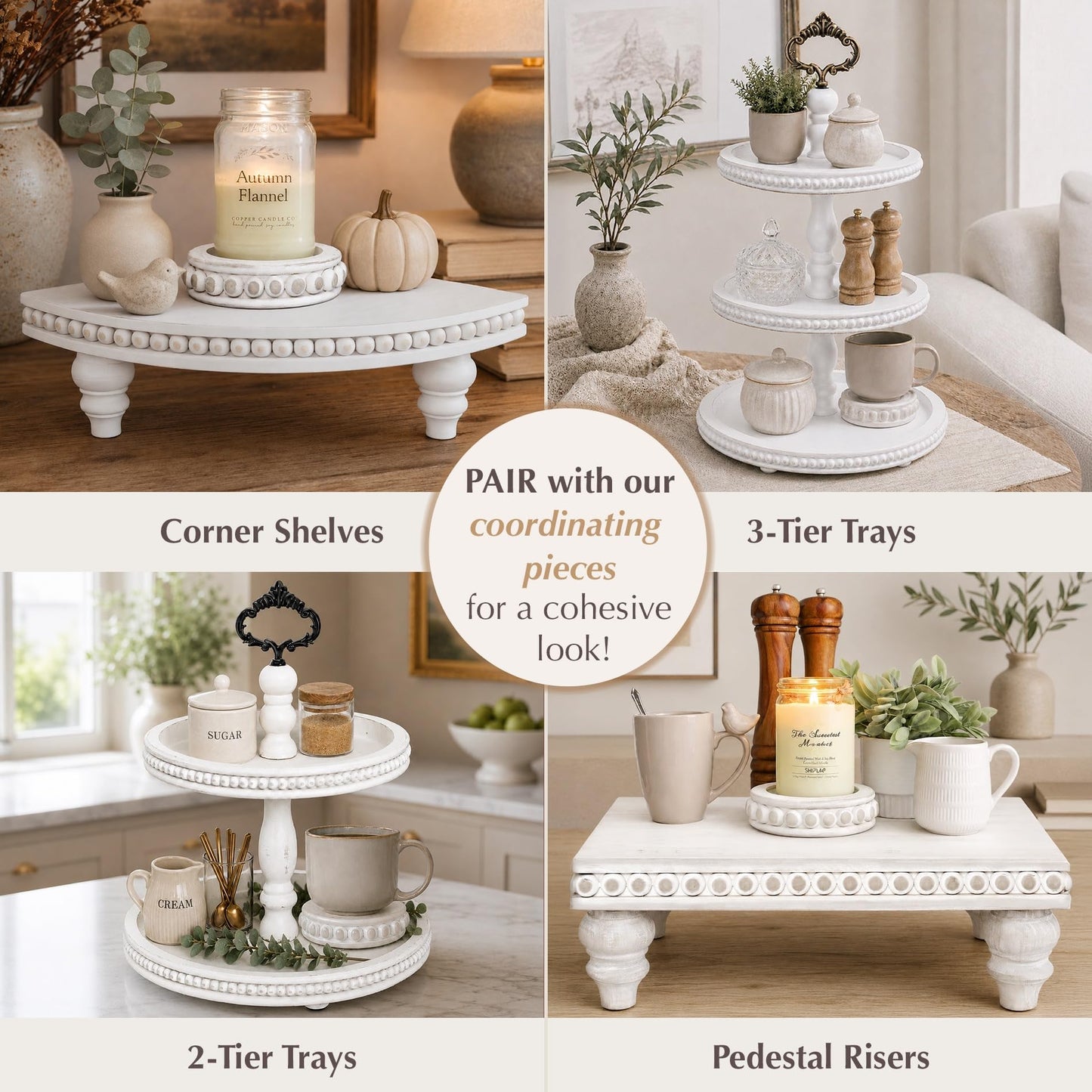 Felt Creative Home Goods Set of 2 Round Rustic Wood Beaded Risers - Sturdy 2-Sided Stackable Decor Pedestal Stands for Tiered Tray, Candle, Mug Display (Rustic White, 5 inch)