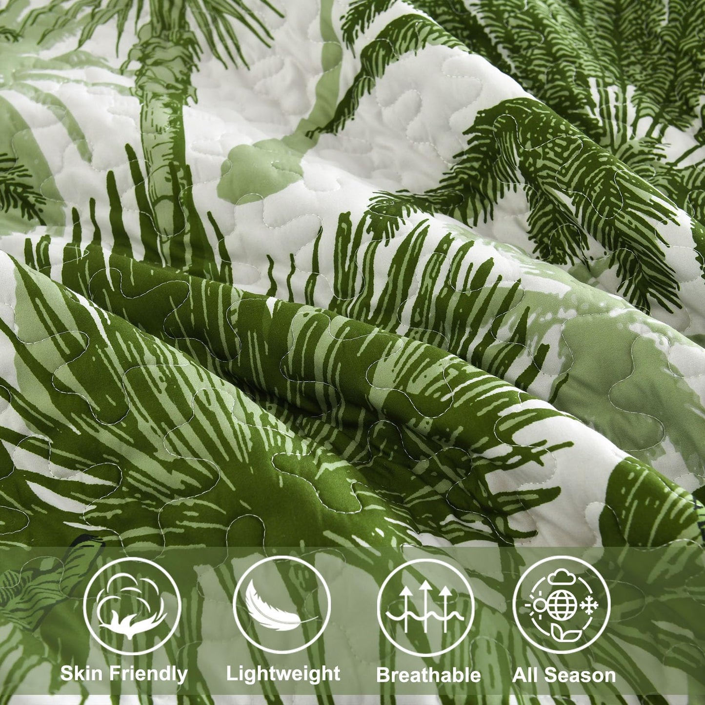Luxudecor Tropical Plants Quilt Set King Size 3 Pieces Green Palm Botanical Bedspread Rainforest Style Bedding Set Soft Lightweight Bed Cover All Season 104"x90"