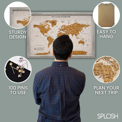 Splosh Framed Travel Map - Grey Small Wooden Pin Board with 100 Pins. Travel Map Cork Board. Wooden World Map, Corkboard Map Travel Gift. Mark your fast & future adventures!