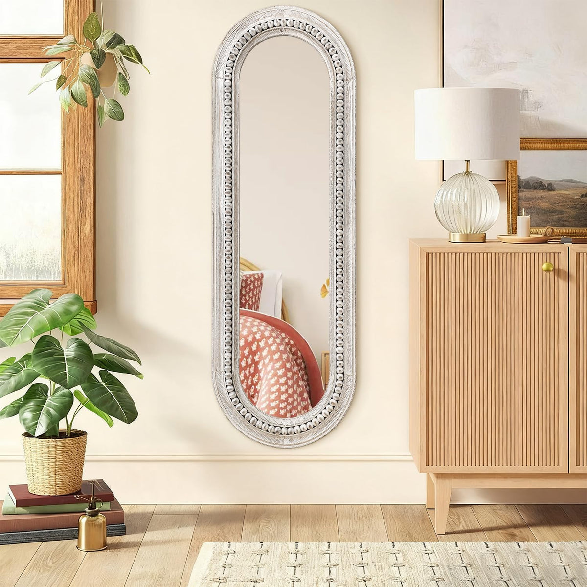 MWAZZLL Wall Mirror Full Length with Beaded Framed Oval Rustic Wood Mirrors Decrorative Large 47"x16" for Bedroom Bathroom Living Room Entryway Dressing Room White
