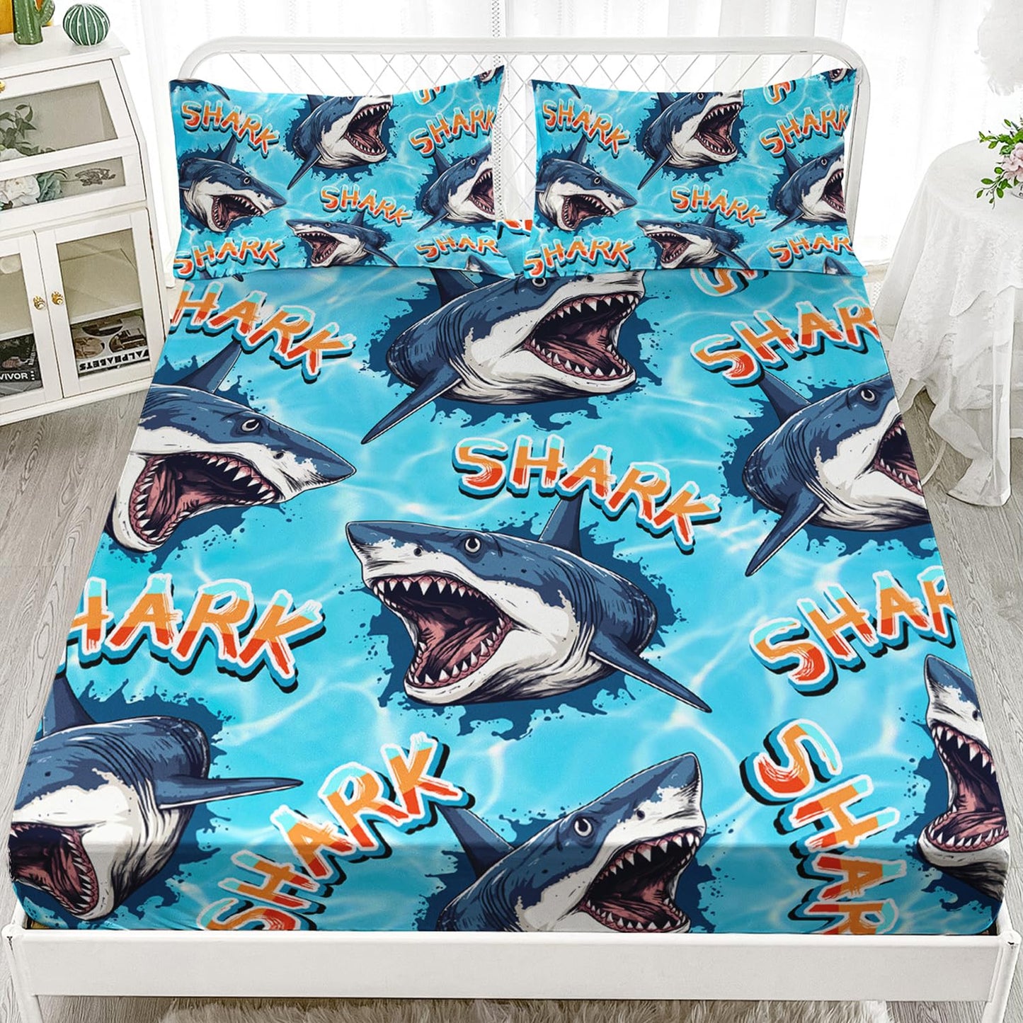 HOSIMA Shark Fitted Sheet Set Twin Size,3D Shark Pattern Ocean Theme Twin Bedding Set for Kids Boys,Sea Animal Collection Deep Pocket for Ocean Bedroom Decor,1 Fitted Sheet+2 Pillowcases.