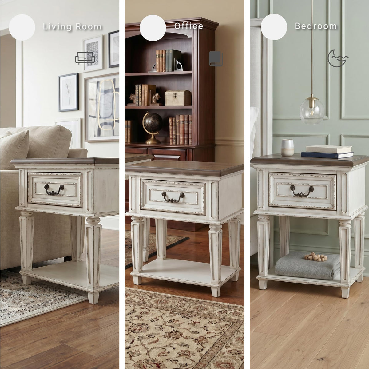 Signature Design by Ashley Realyn Traditional Cottage 1 Drawer Nightstand with Dovetail Construction & Open Display Shelf, Chipped White, 27" Tall, Distressed Brown