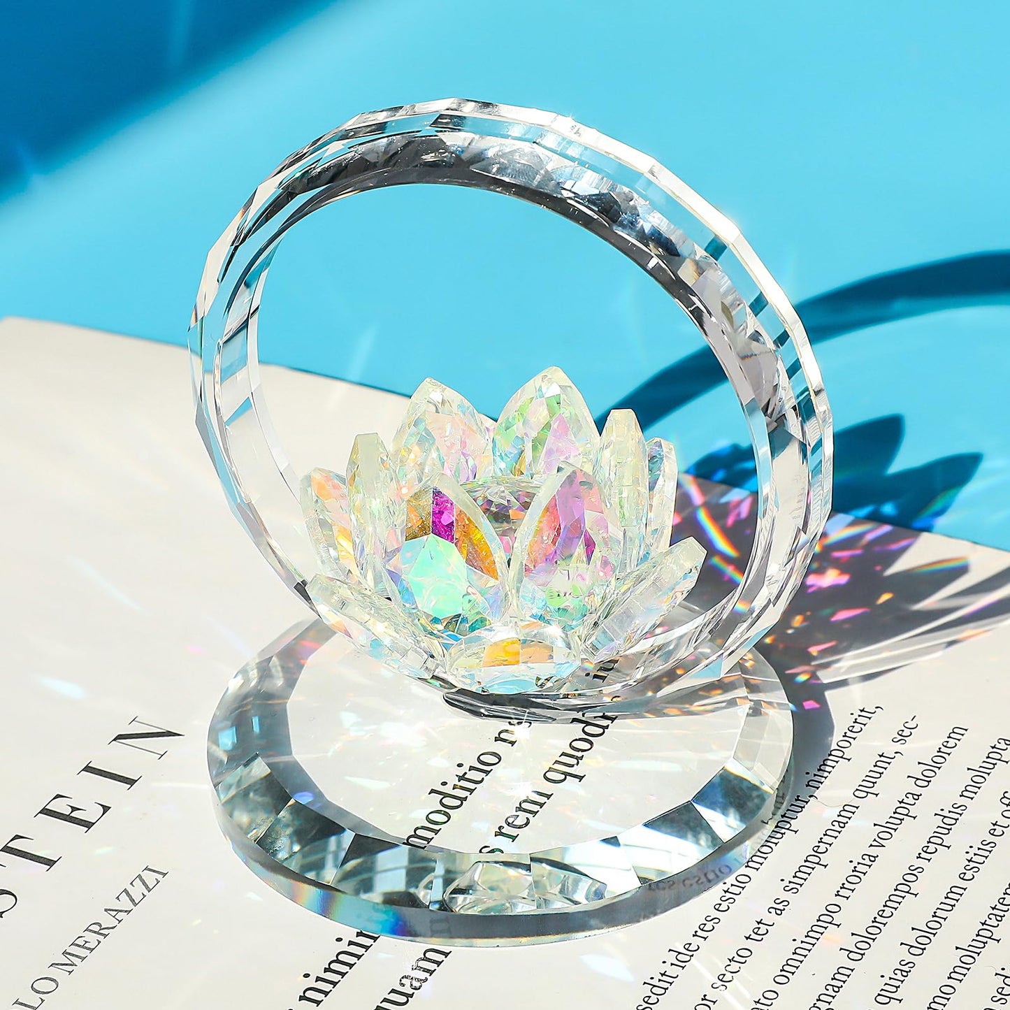 LONGWIN Crystal Lotus Flower Basket Figurine Collectible Glass Flowers Art Decor Reflection Feng Shui Decorative Ornaments for Living Room Bedroom Office AB - Coated