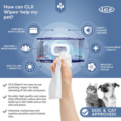 ICF | CLX Cat & Dog Wipes | Antibacterial & Antifungal Cleansing Wipes for Paws, Skin Folds & Ears | Supports Healthy Skin & Odor Control | 40 Count