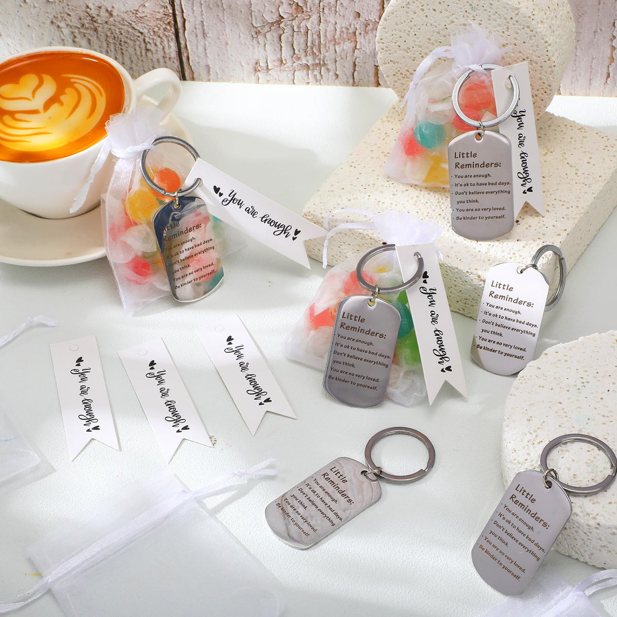 Sureio 6 Set Little Reminder Keychain Mental Health Gift You Are Enough Key Inspiration Uplifting Quotes Organza Bag and Card(White)