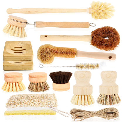 15 Pcs Bamboo Dish Brush Set with 65 Ft Hemp Rope Wooden Palm Pot Brush Sisal Bristles Natural Cup Scrubber Loofah Sponge Draining Tray for Pans, Bottle, Sink Kitchen Cleaning
