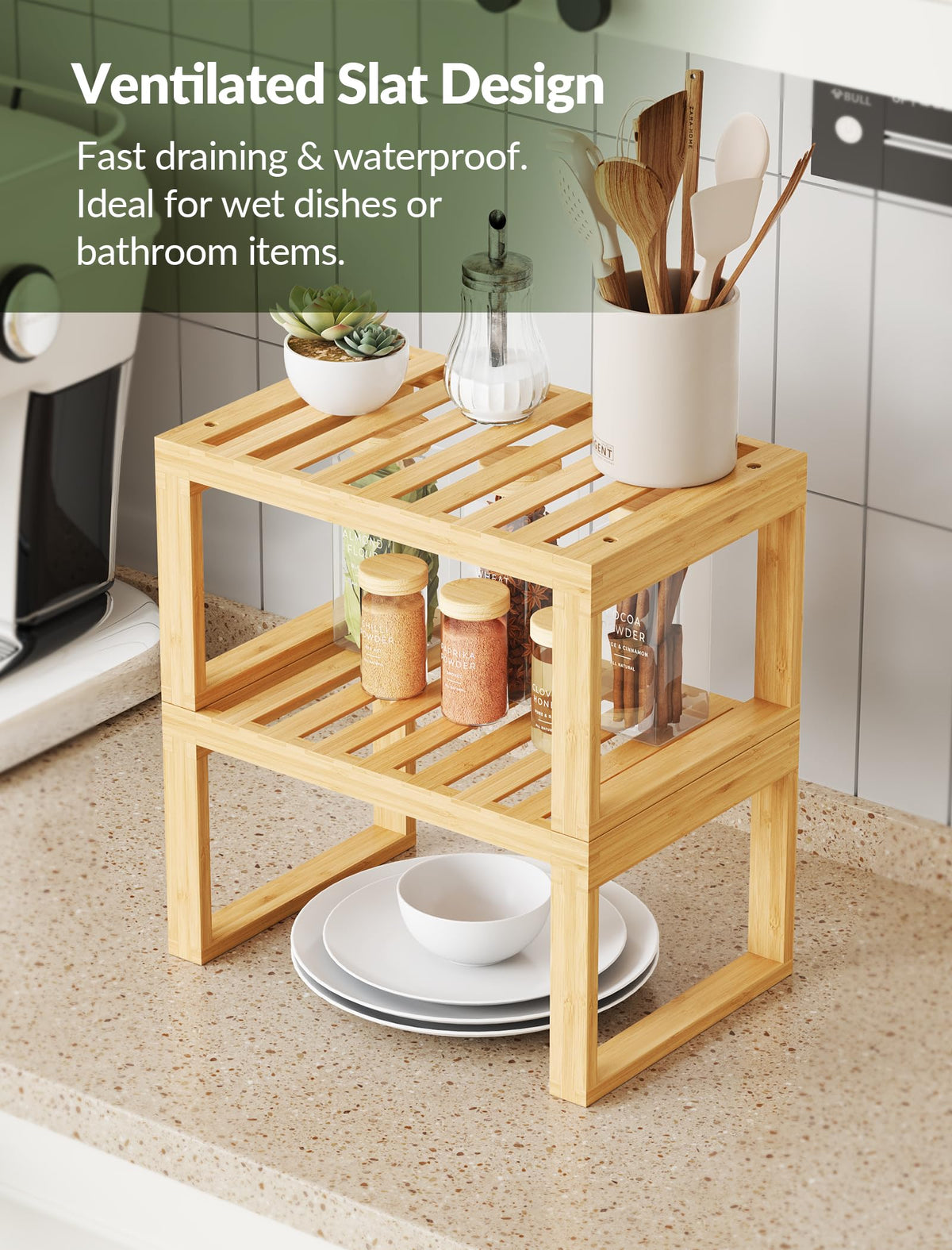 Tomorotec Bamboo Cabinet Shelf, 2 Pcs Kitchen Counter Shelf, Space-Saving Cabinet Organizer for Kitchen, Bathroom and Desk, Multifunctional Storage Rack for Spices, Cans, Toiletries and Stationery
