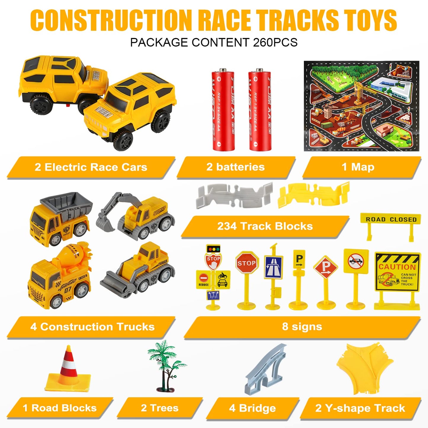 260 PCS Construction Race Tracks for Kids Toys, 2 Electric Cars, 4 Construction Cars, 1 Map & Flexible DIY Track Set, Engineering Presents for 3 4 5 6 Year Old Boys Girls