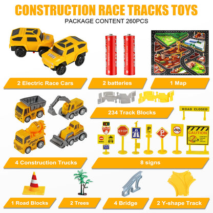 260 PCS Construction Race Tracks for Kids Toys, 2 Electric Cars, 4 Construction Cars, 1 Map & Flexible DIY Track Set, Engineering Presents for 3 4 5 6 Year Old Boys Girls