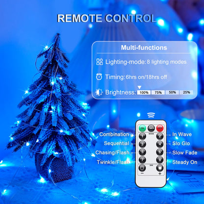 JMEXSUSS 2 Pack Blue Fairy Lights Battery Operated, Total 200 LED 66ft Blue String Lights Waterproof with Remote Timer, Blue Christmas Lights Indoor Decor for Bedroom Wedding Party Decor