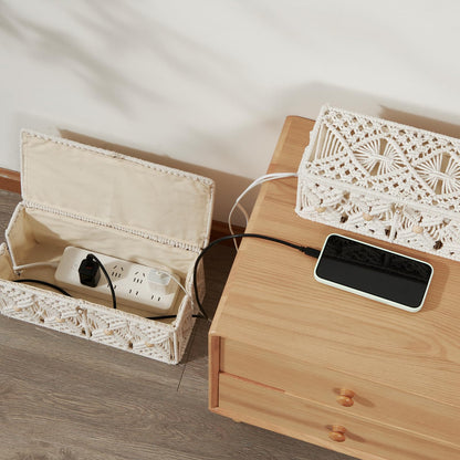 VinneGenzz 2PCS Cable Management Boxes Handmade Macrame Cord Storage Organizer Power Strips Outlet Router TV Wire Hider Cover Under Desk Natural Cotton Rope Woven Box with Lid (1 Large 1 Medium)