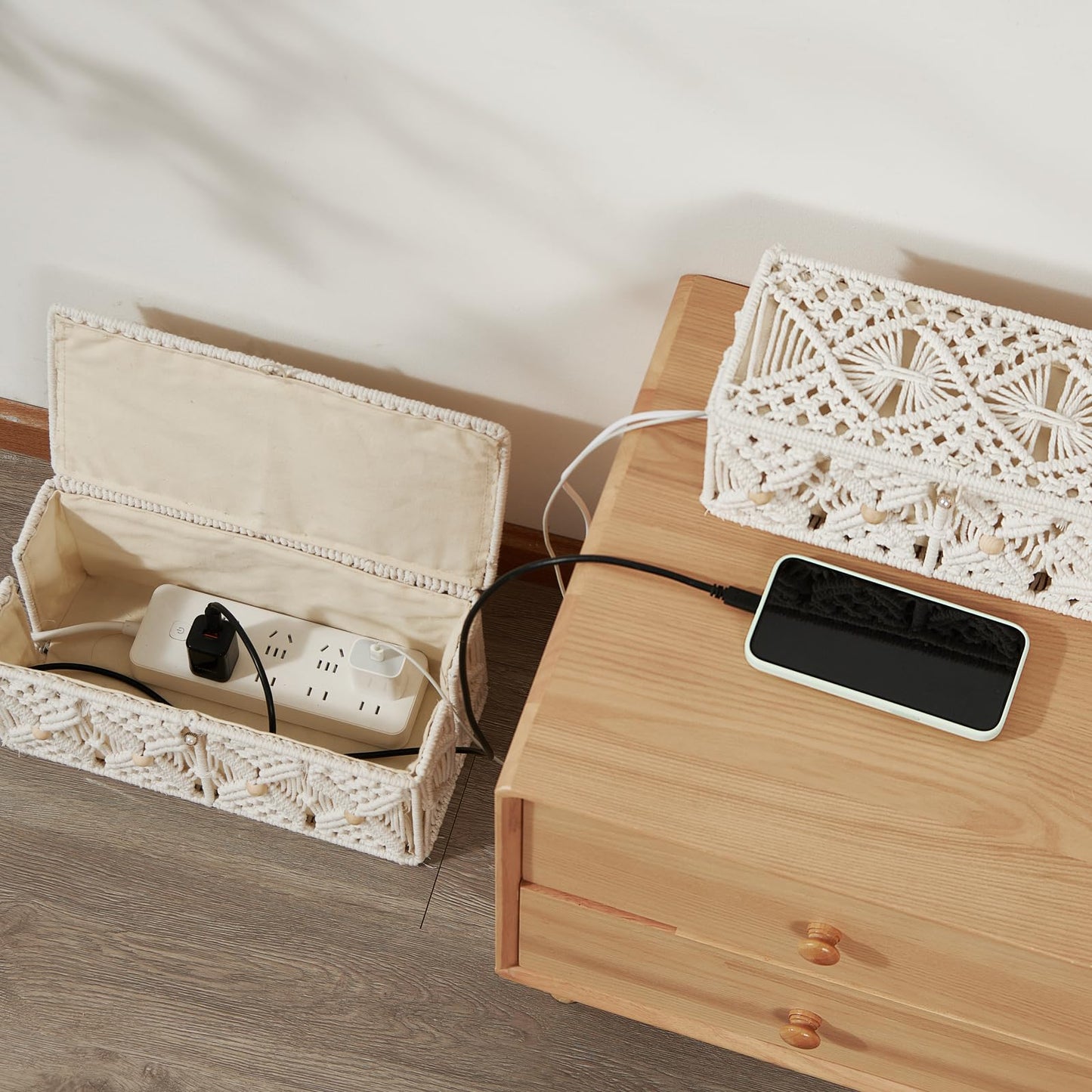 VinneGenzz Cable Management Box Handmade Macrame Cord Storage Organizer Power Strips Outlet Router Adapter TV Wire Hider Cover Under Desk Natural Cotton Rope Woven Boxes with Lid (Off White, Large)