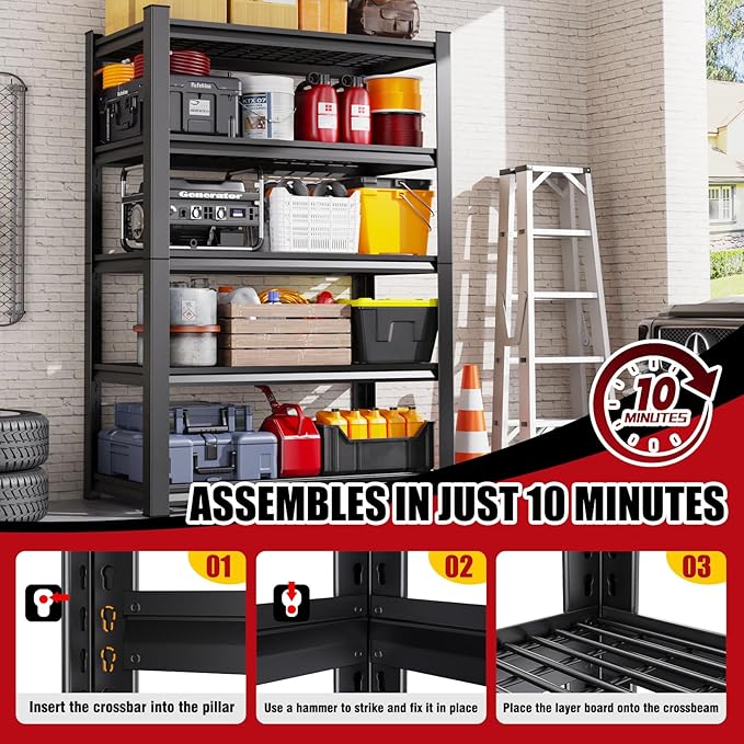 Set 2 Garage Shelving-3000 lbs 5 Tier Storage Shelves,Adjustable Heavy Duty Metal Shelving Unit and Storage Large Wire Rack,Utility Steel Shelf for Warehouse Industrial Pantry Basement -78"x46"x20"