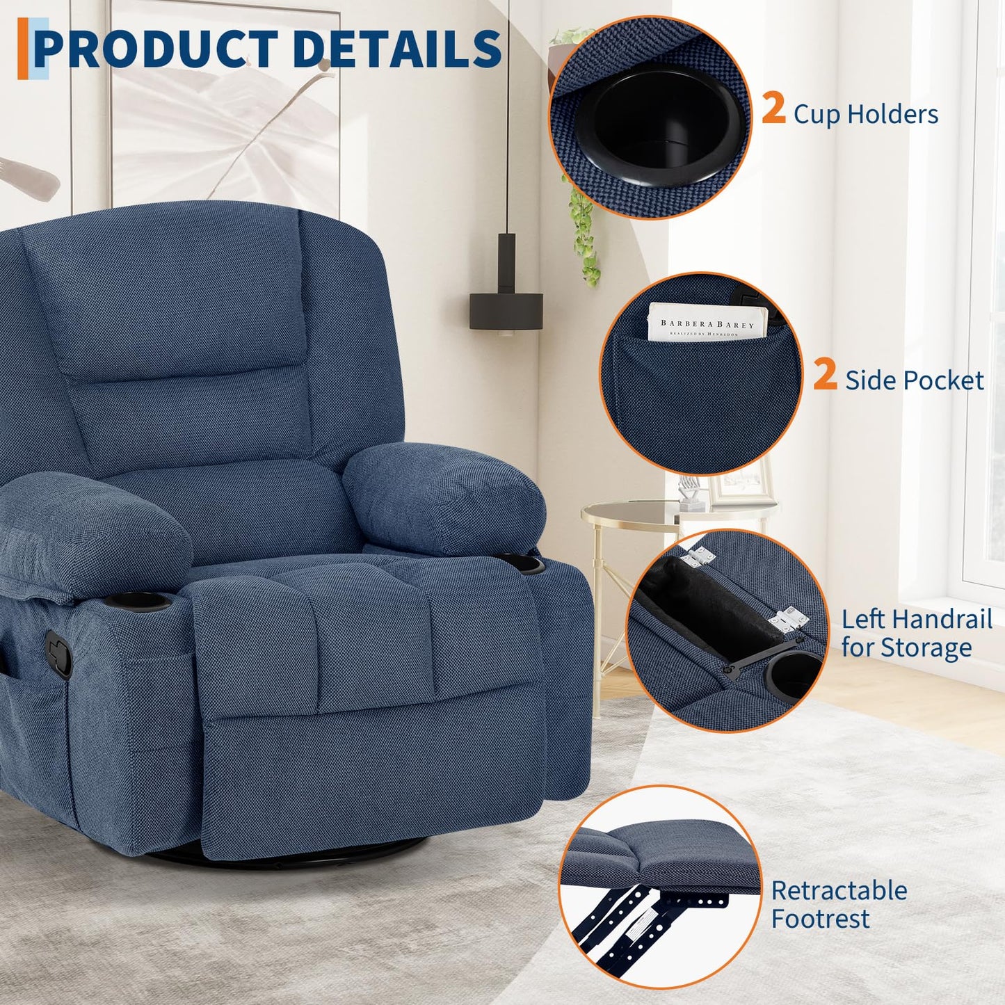 Garvee Rocker Recliner Chairs for Adults w/Vibration Massage and Heating,360° Swivel Rocker Glider Recliner,Extra Wide Manual Lazy Chair,Chenille Fabric Sofa Chair for Living Room,Bedroom,Blue