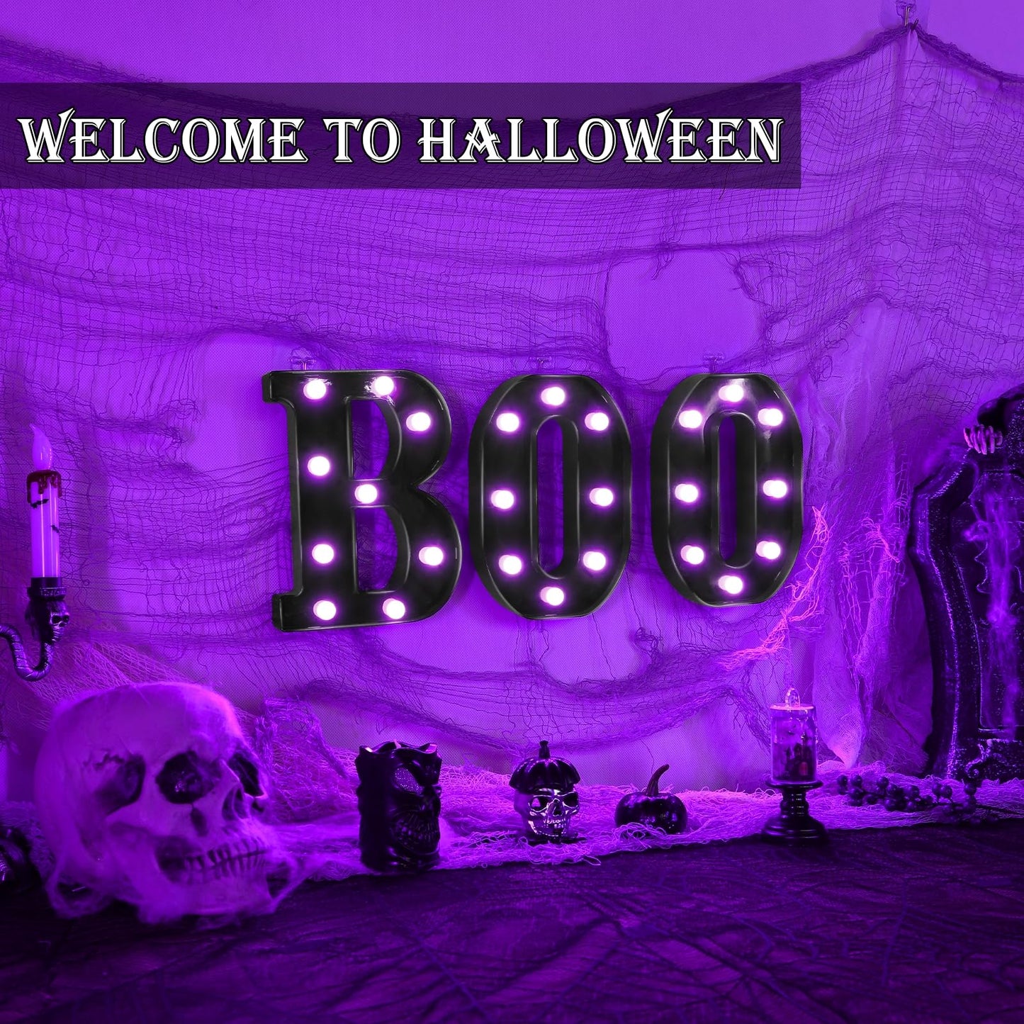 Halloween Decorations Indoor - Boo 3 Pack LED Light Up Hanging Letters Black Boo Signs Light for Indoor Halloween Decor Home Table Party Wall Mantel Fireplace Bedroom, Purple Lights