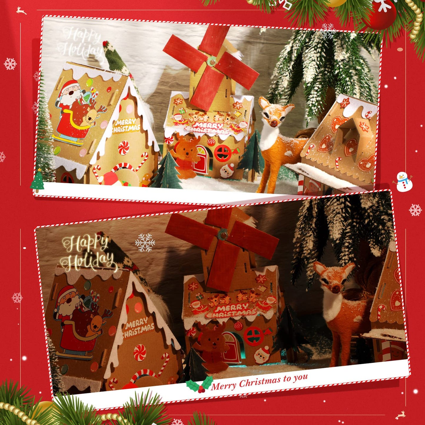Sumind 3 Sets Christmas Gingerbread House Kit Small Xmas DIY Craft Kit Mini Christmas Cardboard Make-a-Gingerbread House Craft for Xmas Party Supplies Holiday Decor(Lovely Style)