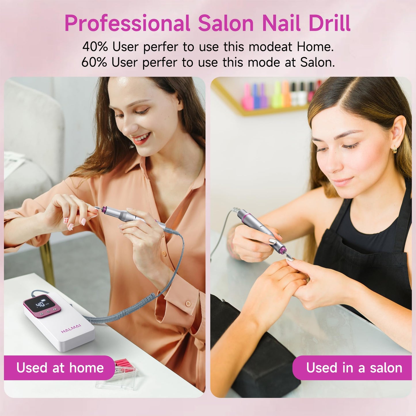 Electric Nail Drill Professional, Portable Nail File for Acrylic Gel Nails, Cordless Rechargeable Ultra Power Nail Drill Kit 40000RPM, HMC320 Salon-Grade Efile Nail Machine (Dark Grey)