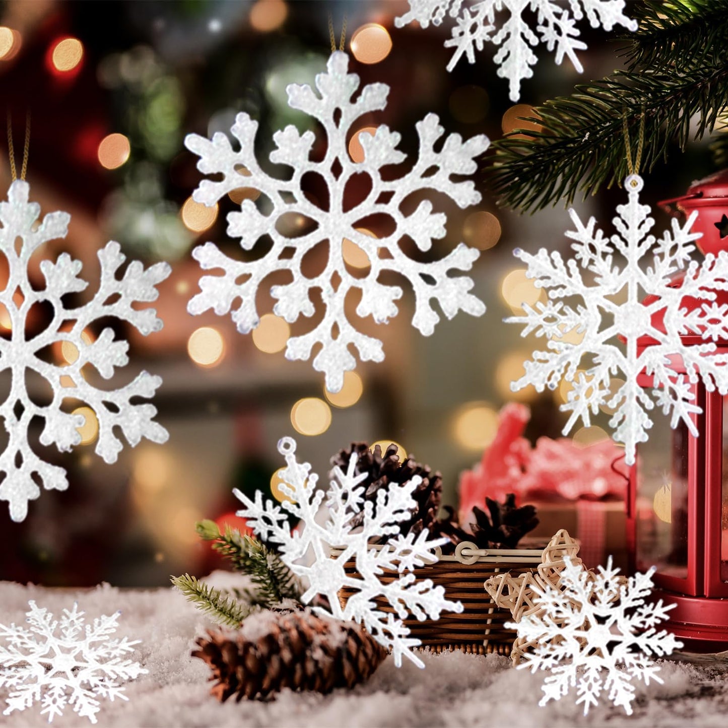 36 Pack White Snowflake Ornaments Plastic Glitter Snow Flakes Ornaments for Winter Christmas Tree Decorations Size Varies Craft Snowflakes