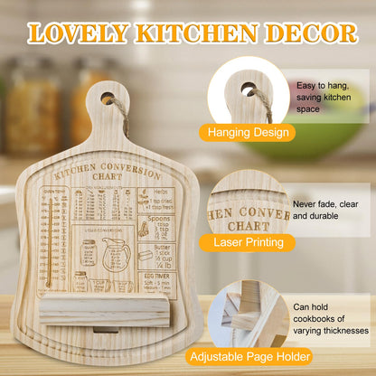 GoShambar Cookbook Stand for Kitchen Counter, Recipe Book Holder with Kitchen Conversion Chart, Wood Cook Book Holder