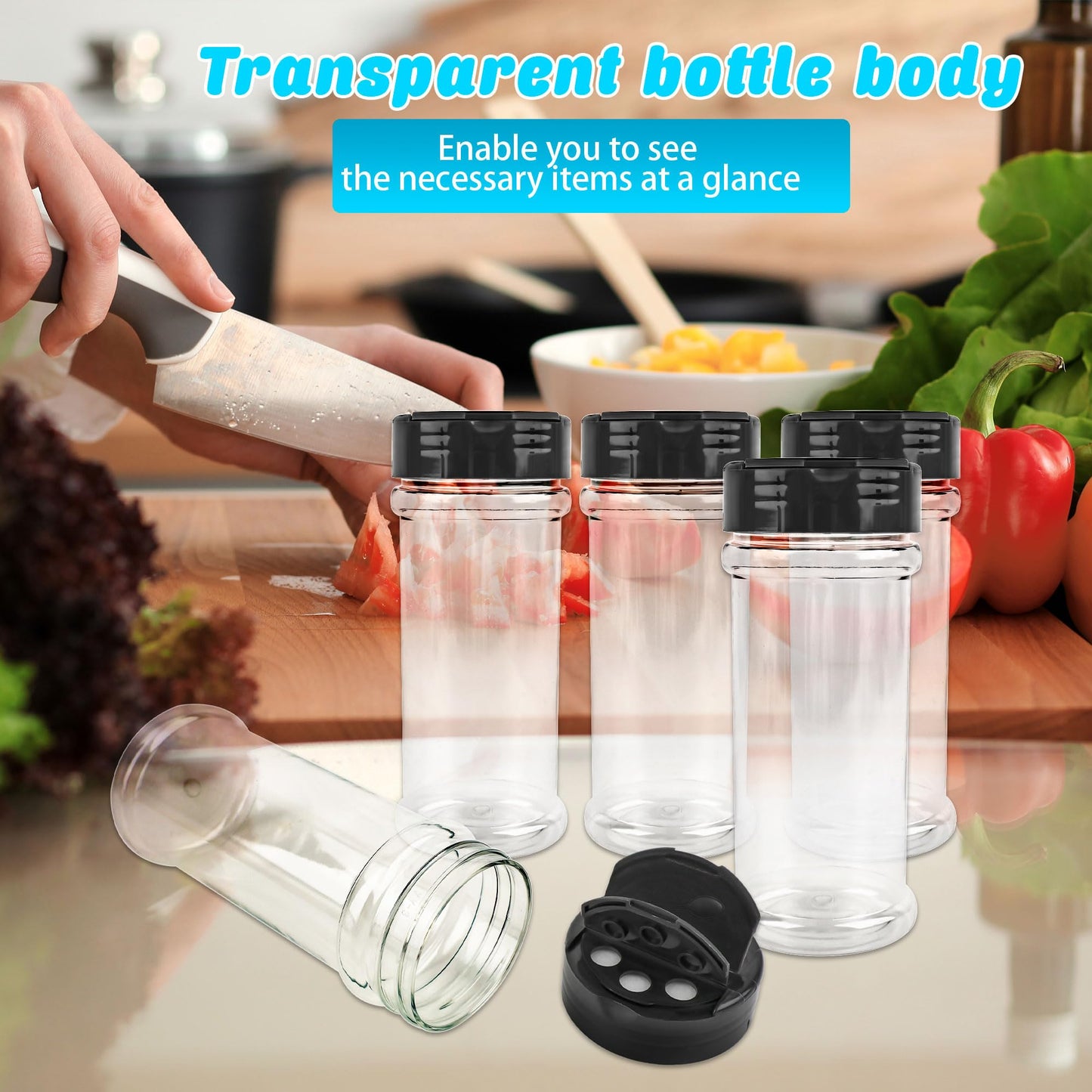 Conagel 30 Pcs 6 oz Plastic Spice Jars with Shaker Lids Clear Spice Bottles with Black Cap Empty Seasoning Containers for Kitchen Storing Seasoning Powders