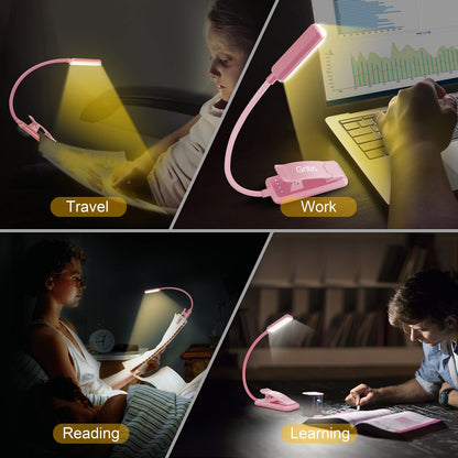 Gritin 9 LED Rechargeable Book Light for Reading in Bed - Eye Caring 3 Color Temperatures,Stepless Dimming Brightness,80 Hrs Runtime Small Lightweight Clip On Book Reading Light for Studying