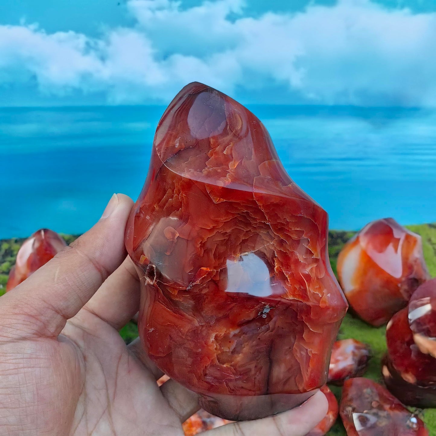 Natural Carnelian Flame Carving Crystal Red Agate Tower Point Reiki Mineral Office Home Decor Gift Healing (550g-700g)