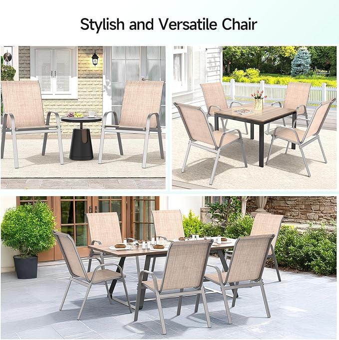 Patio Chairs Set of 6, Easily Set Up Stackable Outdoor Dining Chairs with High Back and Wide Seat, All Weather Breathable Outdoor Chairs Set of 6 with Metal Frame for Backyard Deck Pool, Beige