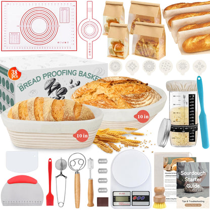 Aliggbent 38Pcs Sourdough Bread Baking Supplies, 10'' Round & Oval Banneton Bread Proofing Baskets with 24 oz Sourdough Starter Jar Kit, Digital Scale, Bags & Bread Making Tools Kit for Artisan Baking