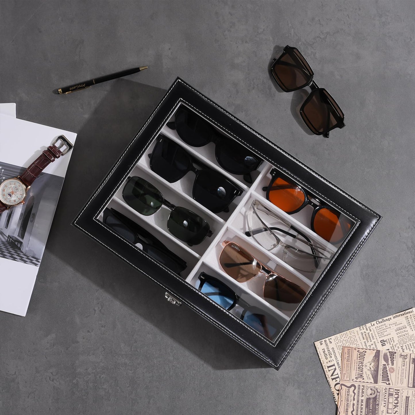 ProCase Sunglasses Storage Organizer, 8 Slots Leather Sunglass Box Multiple Pairs Eyeglass Cases Eye Glass Eyewear Display Holder for Men Women -Black