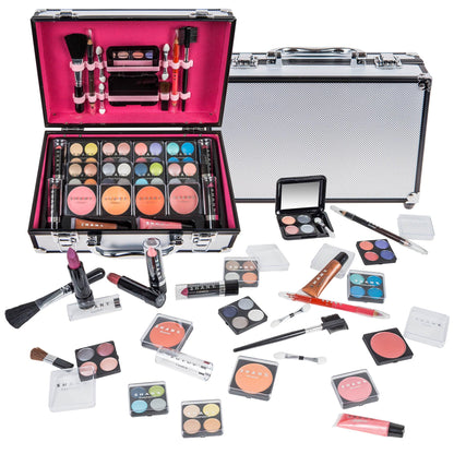 SHANY Carry All Make up Train Case with Pro Makeup Set, Beauty Brushes, Lipsticks, Eye Shadows, Blushes, Powders, and more - Reusable Cosmetics Storage Organizer - Premium Gift Packaging - Silver
